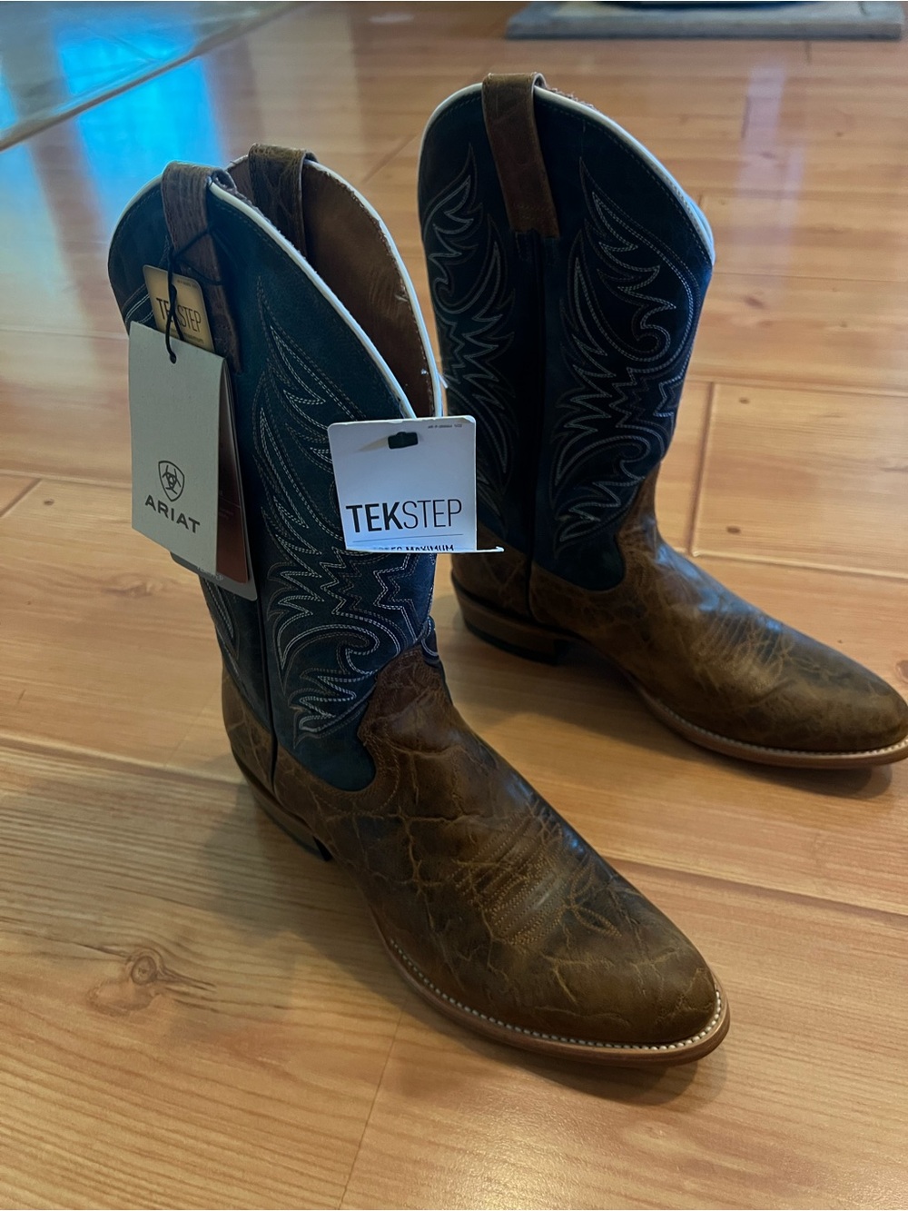 Ariat Brown Leather Cowboy Boots with Navy Embroidered Shaft